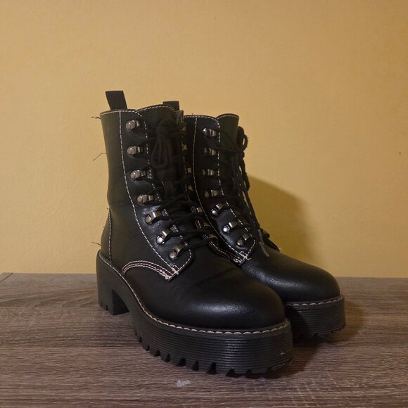 Madden Girl Black Leather Combat Boots - Picture 1 of 3